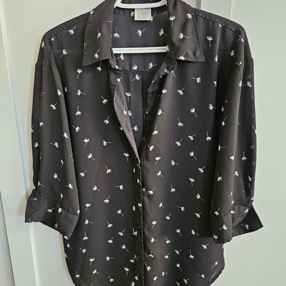 Black Dandelion Print Button Down Blouse Size M
